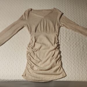 Chic Ribbed Beige Long Sleeve Dress